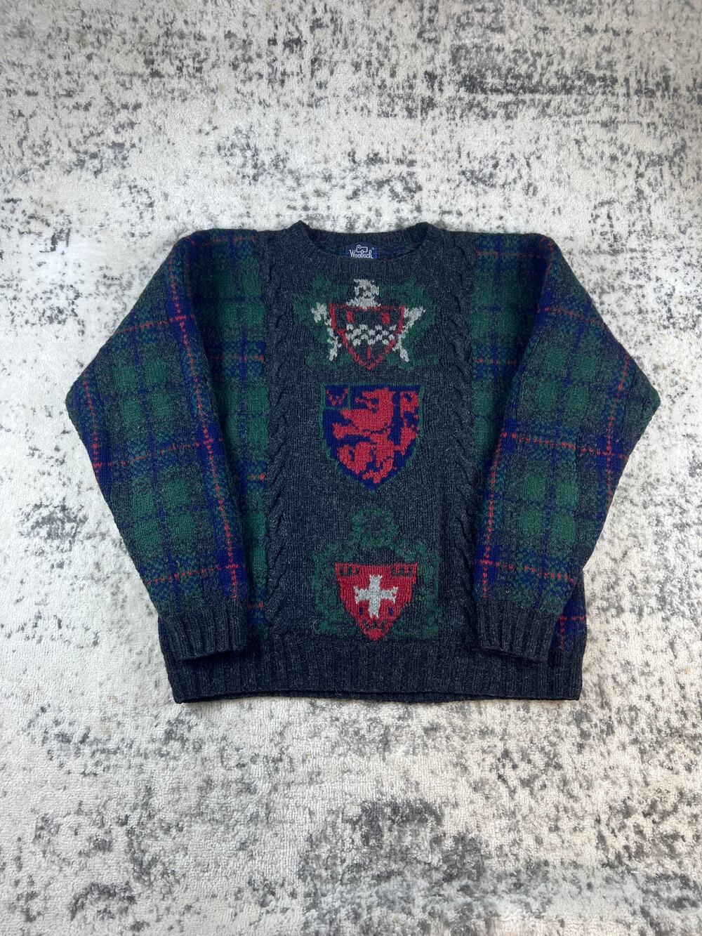 Vintage Woolrich Sweater Mens L Gray Green Plaid Crest Shield Cable Knit Wool